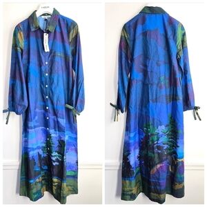 New CELINA MOON Landscape Print Long Sleeve Shirt Midi Dress Small NWT